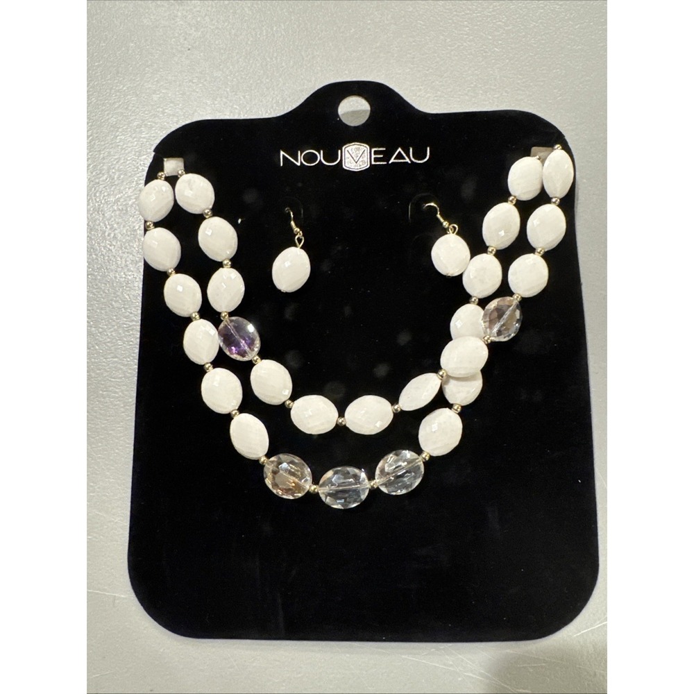 Art Nouveau Geometric Statement Necklace & Earrings Set White/Clear Costume